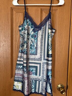 Victoria's Secret Floral Slip with Navy Lace - Aqua Blue